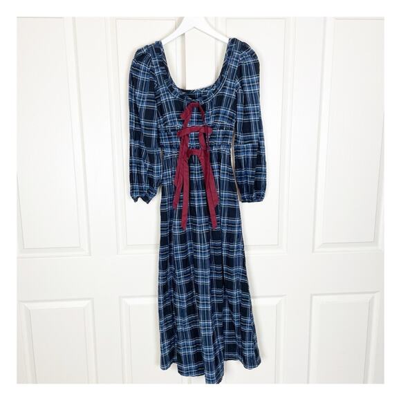 Damson Madder Dakota Blue Plaid Bow Tie Puff Sleeve Midi Dress Sz 6UK / 2 US - Picture 2 of 11